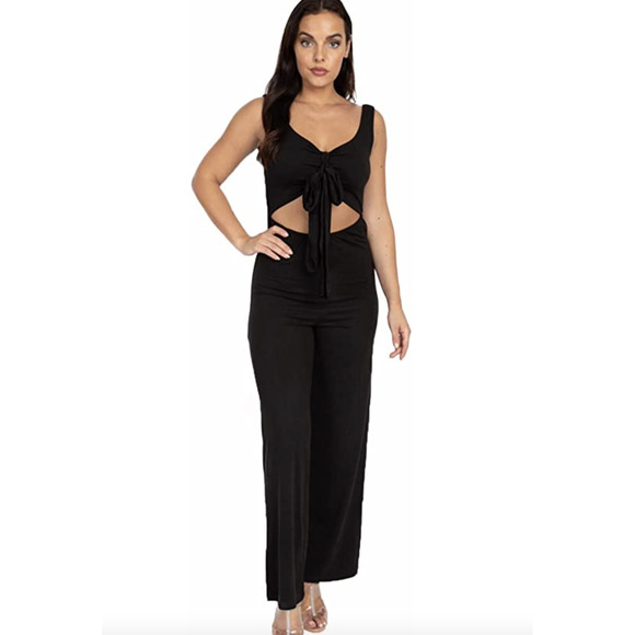 Capella Long Jumpsuit Women's Size M Black Open Front Tie Wide Leg Stretch - Picture 2 of 10